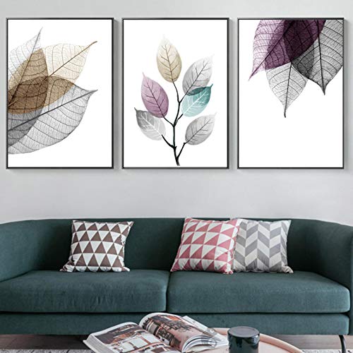 Toile feuilles transparentes scandinave triptyque salon 70x100cm