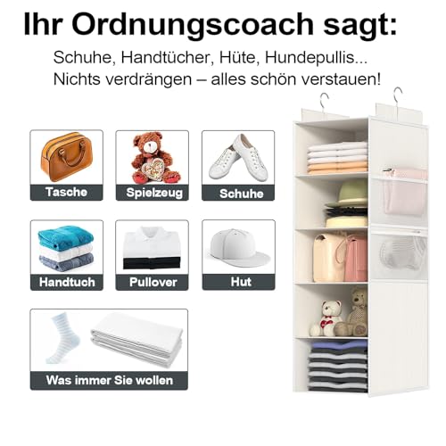 ALLTIDYUP Extra Tiefer Schrank Hängeorganizer mit 5 Fächern und Mesh-Taschen-Kleiderschrank Organizer, Stabil und Platzsparend-Ideal für Studentenwohnheim und Wohnmobil-Weiß,1 Stück