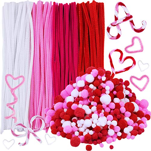 720 Pieces Valentine Craft Chenille Stem Pipe Cleaners Set, Including 120 Pieces Pipe Cleaners, 4 Size Pom Poms for Craft DIY Art Supplies
