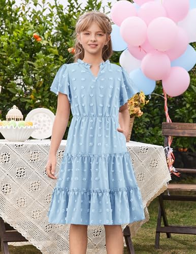 Arshiner Girls 2025 Summer Dresses Pom Poms Flutter Ruffle Sleeve Midi Polka Dot V Neck Dress with Pockets2