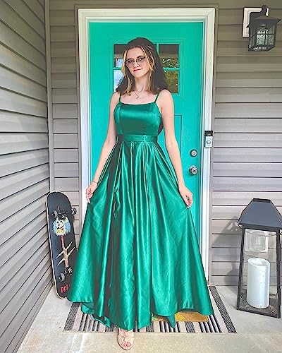 HSFIYAKJ Satin Prom Dresses Long Ball Gown A Line Spaghetti Straps Pleated Formal Evening Dress for Women with Pockets4