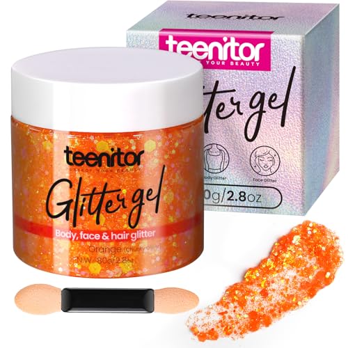 Teenitor Body Glitter Gel Face Glitter Orange Glitter for Body Makeup 80g/2.8oz Face and Body Hair Glitter Gel Rave Glitter