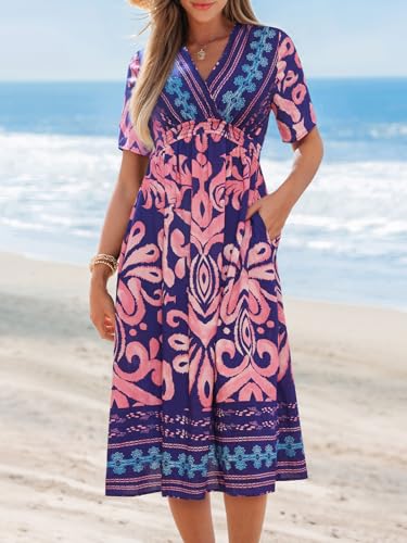 Image of CUPSHE Summer Womens Summer Dresses V Neck Short Sleeve Vacation Casual Smocked Beach Midi Wedding Guest Dress