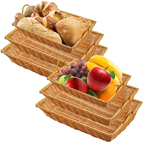 Yesland Set of 6 Poly Wicker Bread Basket with Handle, 15.5 Inch Rectangular Imitation Rattan Fruit Storage Baskets - Stackable Empty Gift Basket for Vegetables, Food Serving, Display, Outdoor, Brown