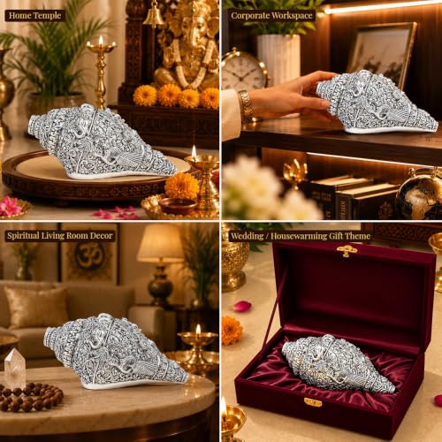 Image of DIVINITI 999 Silver Plated Sacred Ganesha Shankh with Luxury Velvet Gift Box|Antique Silver Finish Decorative Conch Shell for Home Temple, Pooja Room & Spiritual Decor|Auspicious Vastu Gift|14 x 8 cm