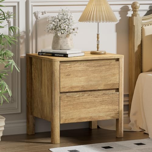 Image of Furniway Nightstands Set of 2, 2 Drawer Nightstand with Wood Legs, Mid-Century Modern Bedside Table with Storage, Wooden End Table for Bedroom, Oak