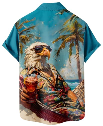 Men's Hawaiian Beach Shirt, Eagle Tropical Print, Button Down Short Sleeve, Teal - Image 4