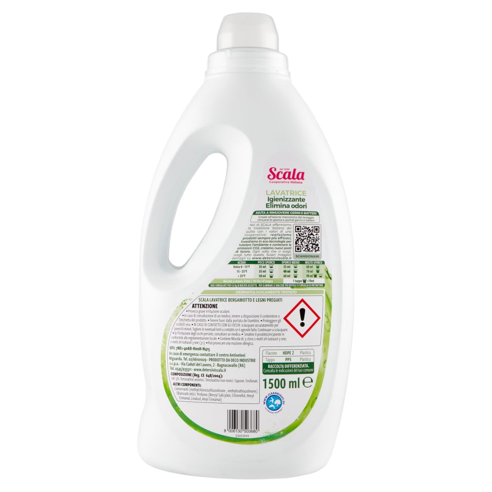 6 detergenti Scala Detersivo Lavatrice Igiene – Detersivo liquido elimina gli odori – bergamotto e legni pregiati – 37 lavaggi 1500 ml + portachiavi Beni Culinari
