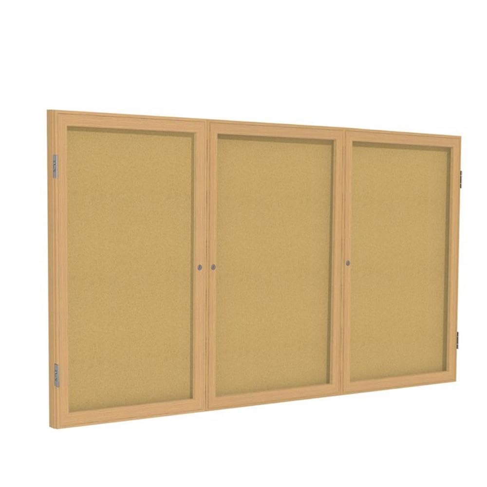 Ghent 36"x72" 3-Door indoor Enclosed Bulletin Board , Shatter Resistant, with Lock, Wood Frame Oak Finish - Natural Cork (PW33672K) Malde in the USA