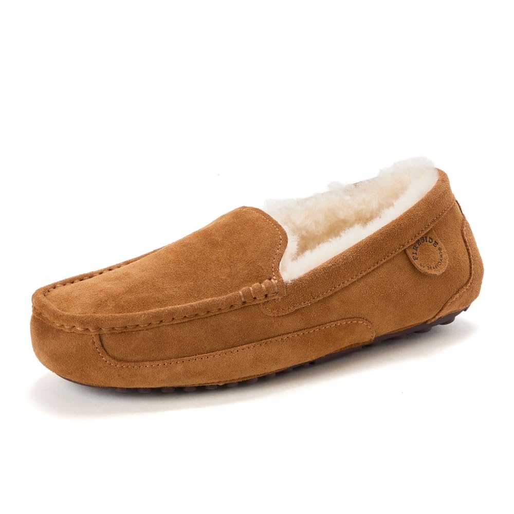 Fireside By Dearfoams Mens Melbourne Genuine Shearling Moccasin Slippers Memory Foam Sudede Loafers Slip-in House Shoes