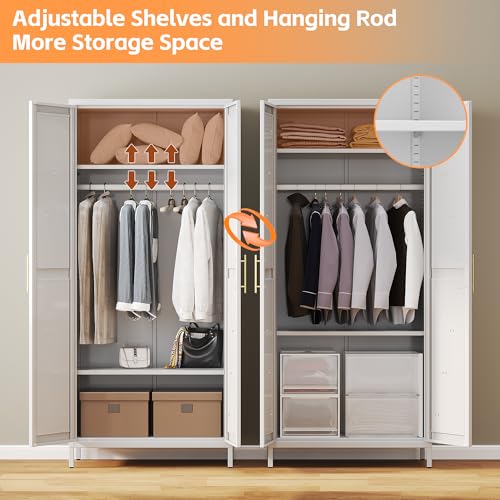 Image of SUPEER Metal Wardrobe Closet for Bedroom, 2 Doors Armoire Cabinet with Shelves and Hanging Rod, Metal Clothes Storage Cabinet, 70.9 inch H x 31.5 inch W x 17.7 inch D, White