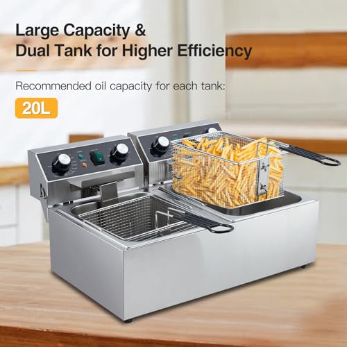 GarveeHome Commercial Deep Fryer - Dual Tanks, 2 Frying Baskets, 21QT/ 20L Capacity, 3600W, 110V, w/Timer and Overheat Protection, 2 x 10L Countertop Fryers for Restaurant