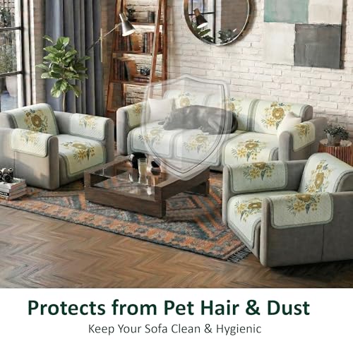 Image of Kuber Industries 5 Seater Sofa with Arm Cover | Slipcover for Living Room | Thick & Cozy | Non-Slip Comfort Sofa Cover Set | Paradise 1137 Number - Olive Green