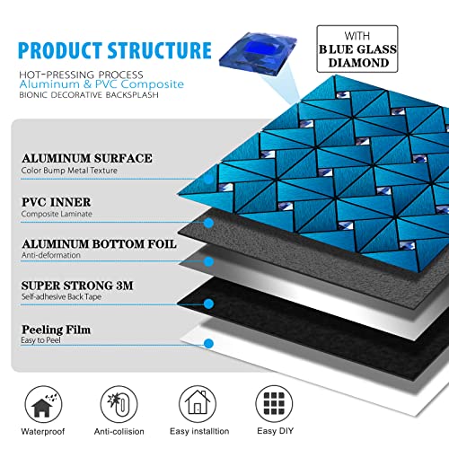 Homeymosaic Backsplash Metal Tile Peel And Stick On Kitchen Bathroom Fireplace Laundry Windmill Glass In Brushed Blue,5-Sheets #TOP7