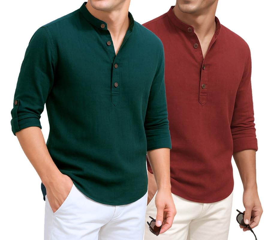 Image of DEELMO Combo of Men's Cotton Blend Solid Regular Fit Full Sleeve Short Kurta | Men's Trendy Short Kurta Pack of 2
