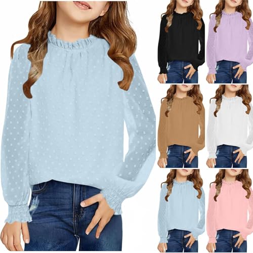 Girls Pleated Long Sleeve Shirt Ruffle Neck Preppy Blouse Y2K Kids Plain Cute Shirts Solid School Formal Tops