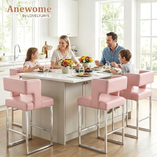 Image of Counter Height Bar Stools Set of 4, Pink Leather Chair Silver Legs | 26 inch Seat Height Fits Standard Kitchen Islands, Upholstered Barstools, Back Support, Square Metal Legs, Footrest