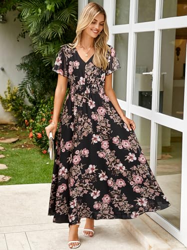 Image of Simplee Womens Floral Maxi Dress - Short Sleeve Summer Boho Wedding Guest Dress Empire Waist Chiffon Modest Midi Dresses