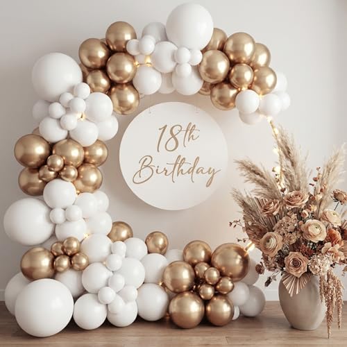 Image of RUBFAC Chrome Gold Balloons 129pcs Different Sizes Pack of 18 12 10 5 Inch, Latex Metallic Gold Balloon Garland Arch Kit for Graduation Wedding Happy Birthday Party Decoration