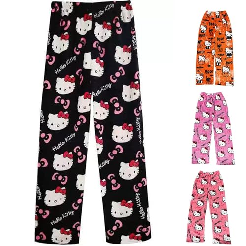Pyjama Hose Damen Kitty Anime Schlafanzug Hose Lang aus Flanell Kawaii Cartoon Kuschelhose Flauschig & Warm Y2K Lounge Hose Damen Herbst Winter Schlafhose Größe S-XXL
