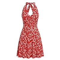 IBAKOM Robes d'été pour Les Femmes: Sexy Fleur Soleil Jupe Col V Volants A - Ligne Robe à Dos Découvert-Cocktails Décontractés Beach Party Rouge XL