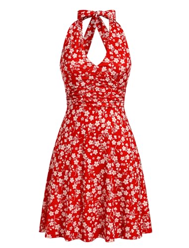 IBAKOM Robes d'été pour Les Femmes: Sexy Fleur Soleil Jupe Col V Volants A - Ligne Robe à Dos Découvert-Cocktails Décontractés Beach Party Rouge M
