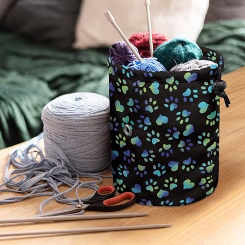 Image of Sellikakes Yarn Bag Knitting Storage Bag, Blue Dog Paws Small Crochet Bag Portable Knitting Bag Organizer Yarn Storage Knitting Bags, Store Skein Ball, Needles Accessories