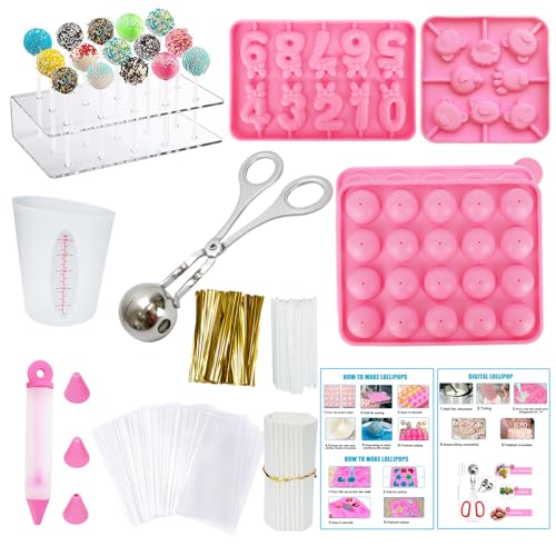 Cake Pop Maker Kit with 100 Cake Pop Sticks, Stand, Bags, Mold, Roller, Silicone Mold Sets, Sticks, Treats, Bags, Twist Ties for Lollipop Candies, Chocolates, Cookies Mothers Day Gifts for Mom