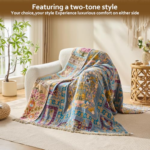 Image of VANJOROY Boho Throw Blanket, 100% Organic Cotton Breathable Skin-Friendly Ultra Soft 60 inch x 80 inch Bed Quilt Throw - Floral Rustic Luxury Reversible Blanket for Sofa Couch Chair and Gift,