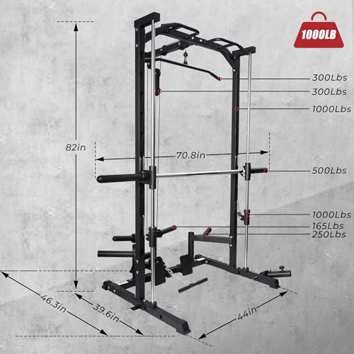 Image of RitFit Smith Machine Power Rack with LAT-Pull Down System, Landmine, Barbell Bar, Plate Storage Pegs and More Training Attachment
