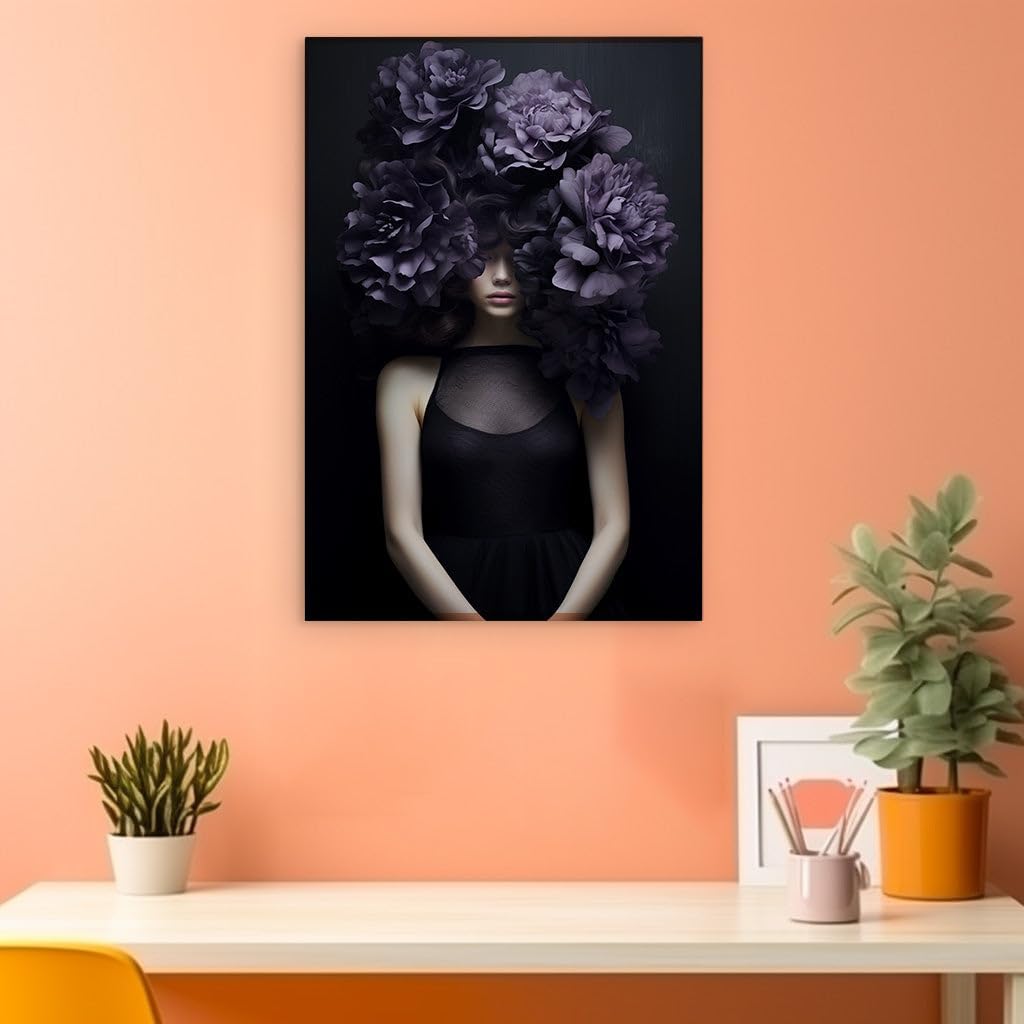 Canvas for Living Room. Whispers in Blossom Obscure: A Dreamlike Portrait of Mystery and Elegance, 27 x 18 inch Canvas Wall Art - Contemporary Masterpieces - Inspirational Office Decor