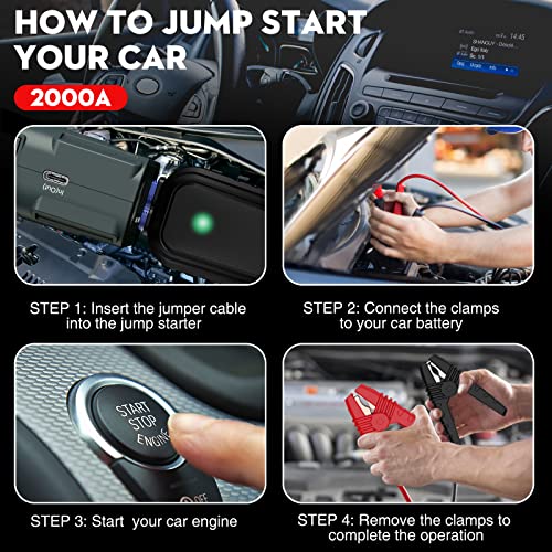 Image of NEXPOW 2000A Peak Car Battery Jump Starter with USB Quick Charge 3.0 (Up to 7.0L Gas or 6.5L Diesel Engine), 12V Portable Jump Box, Battery Booster with Built-in LED Light, Jumper Cables