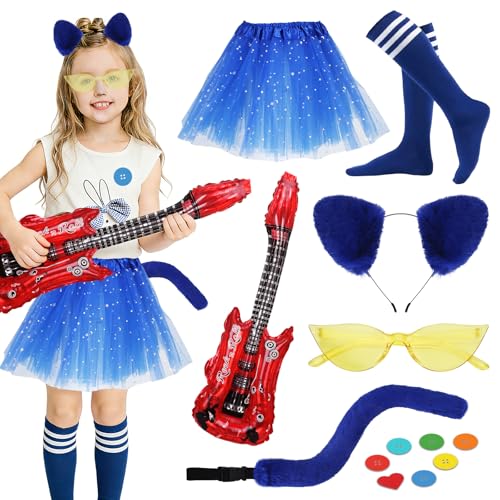 7 Pieces Blue Cat Costume Accessories Set Include Fluffy Kitty Ears Headband Tails Blue Tulle Tutu Skirt Stockings Yellow Glasses with 7 Felt Stickers for Story Book Day Halloween Party Cosplay