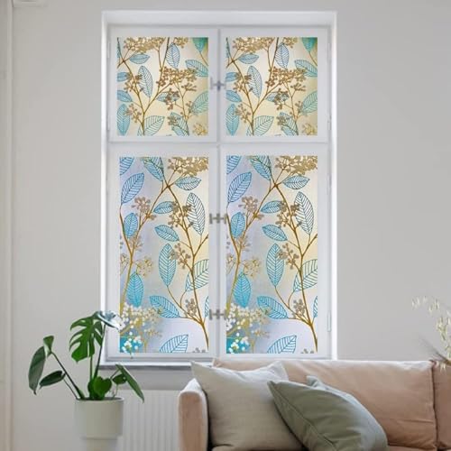 Image of WOO Home Frosted Glass Window Film & Stickers (12 X 72 Inchs) Privacy Window Cover for Home & Office - Easy Apply, UV Protection, Removable Decorative Film (Blue Flowers 1 X 6 SQFT)
