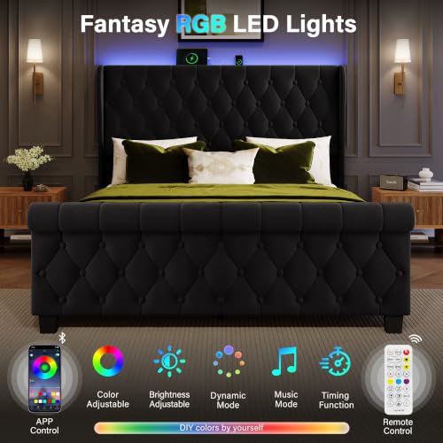 Uteeran King Size Bed Frame with Headboard, Velvet Upholstered Bed Frame with LED Lights & Charging Station, Platform Bed with Wooden Slats Support, Luxury Button Tufted Design, Noise Free, Black — view 5