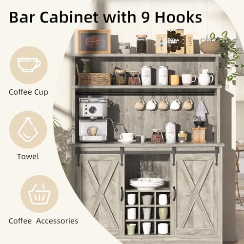 Farmhouse-Coffee-Bar-Cabinet-with-3-Tier-Storage-Hutch-47-Coffee-Bar-Station-with-Sliding-Barn-Door-Hutch-Storage-Cabinet-with-9-Wine-Racks-9-Hooks-for-Kitchen-Dining-Living-Room Farmhouse Coffee Bar Cabinet with 3 Tier Storage Hutch 47 Coffee Bar Station with Sliding Barn Door Hutch Storage Cabinet with 9 Wine Racks 9 Hooks for Kitchen Dining Living Room