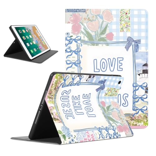 Cadeau chrétien : étui iPad 9.7 pouces versets de la Bible et fleurs bleues en cuir