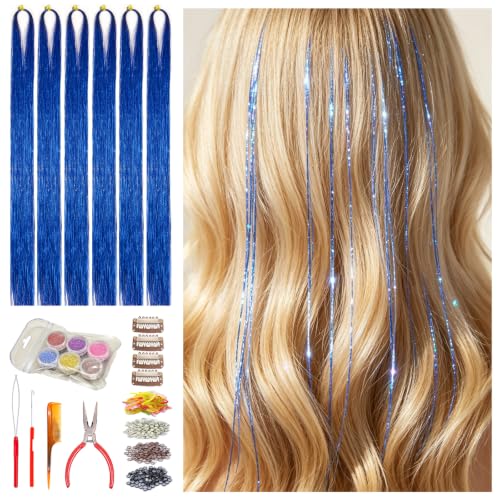 Celinabella Royal Blue Hair Tinsel Kit 6 Packs 1500 Strands 48 Inch Heat Resistant Micro Link DIY Hair Tinsel Set with Tools for Women Girls Festival Party Daily
