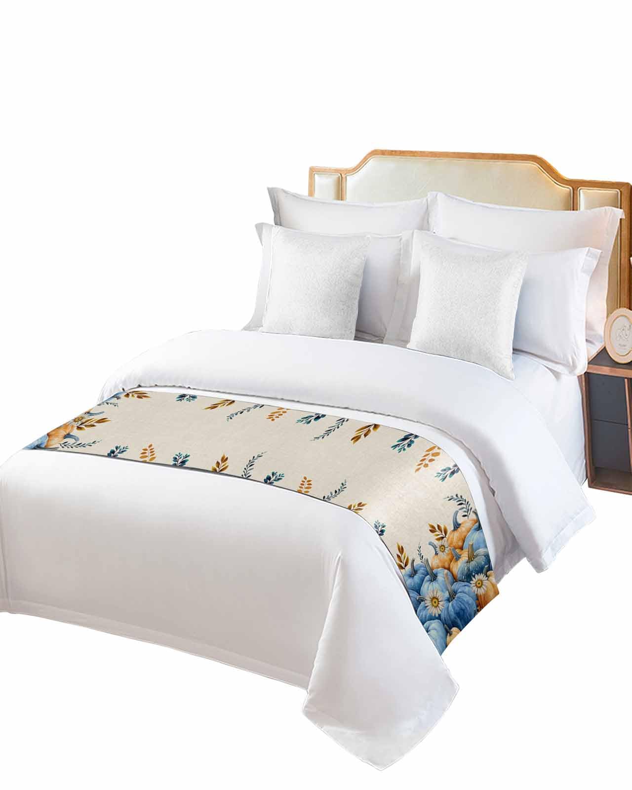 Twin Bed Runner Farm Pumpkin Colorful Leaves Bedding Runner Scarves Decorative Bed Scarf, Fall Ombre Yellow Blue Pumpkins Soft Bedding Scarf for Bedroom Hotel Wedding 71x20in