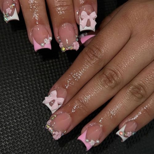 French Tip Press on Nails Short Square Fake Nails with Flower Rhi...