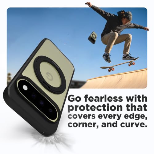 Image of RIGGEAR Shockproof Sleek Hybrid Armor 360 Rotating Magnetic Ring Stand Back Cover Case Compatible with MagSafe Accessories for Google Pixel 11 / Pixel 11 Pro (Clear PC + Black TPU Bumper)