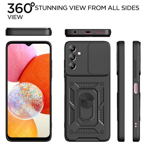 Image of Amazon Basics Back Cover for Samsung Galaxy A14 4G / A14 5G | 360 Protection Case | Sliding Camera Sheild Cover & Ring Holder Stand D10 Tough Armor Bumper Case (Black)