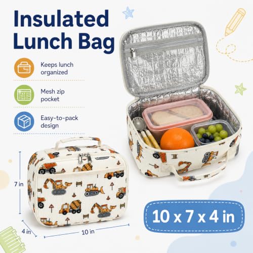 Image of LOIDOU Kids Backpack with Lunch Box Set, Toddler Preschool Boy Backpack with Chest Strap Kindergarten Backpack LunchBox Combo (Construction Car)