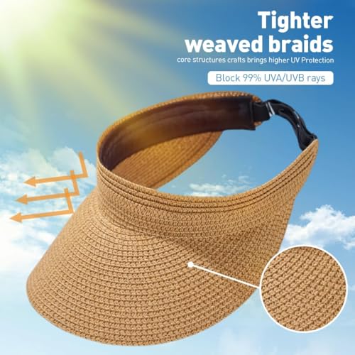 Image of Straw Hat Sun Hats for Women,Wide Brim Cap Beach Hat for Women Stylish UV Protection Cap,Summer Packable Travel Sun Visor Hat - UPF 50+ Khaki