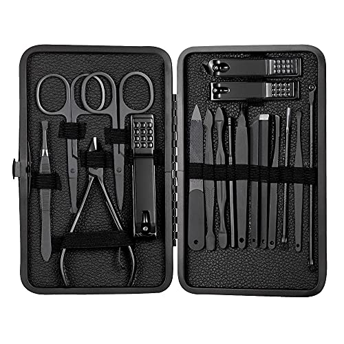HSOYGE Juego de cortaúñas, Kit de manicura y pedicura de Acero Inoxidable de 7 a 18 Piezas con Estuche de Cuero para Viajes, Adecuado para Unisex, Negro, Juego de 12 Piezas (Negro 18)