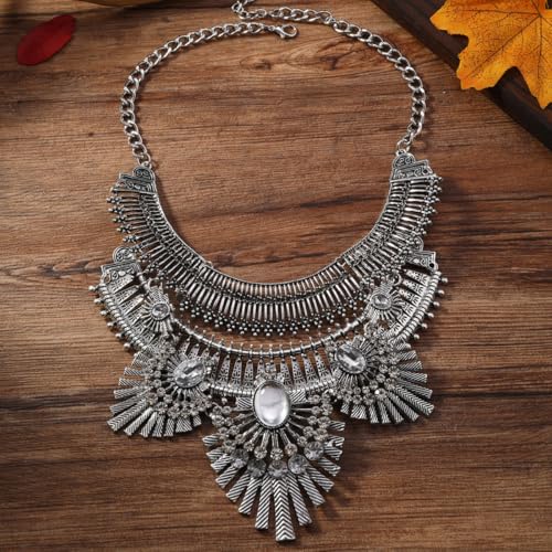 Vintage Bohemian Statement Necklace for Women - Alloy Crystal Tribal Boho Pendant Jewelry3
