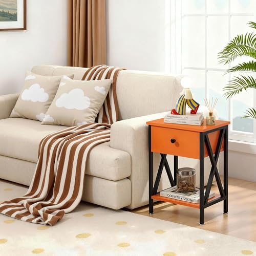 Image of VECELO Nightstands, Modern Bedside End Tables Set of 2, Night Stand with Drawer and Storage Shelf for Living Room Bedroom, Industrial Metal Frame