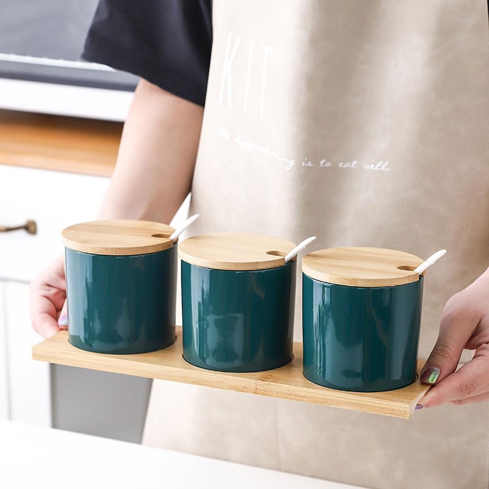 Ceramic Condiment Jar Seasoning Container with Lids, Salt Sugar Pepper Spice Container Bowls Pot with Spoon, Porcelain Pot,Set of 3, for Home Kitchen Coffee Bar