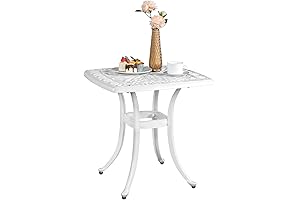 VINGLI Small Patio Table with Center Umbrella Hole and Stunning Whispy White Finish