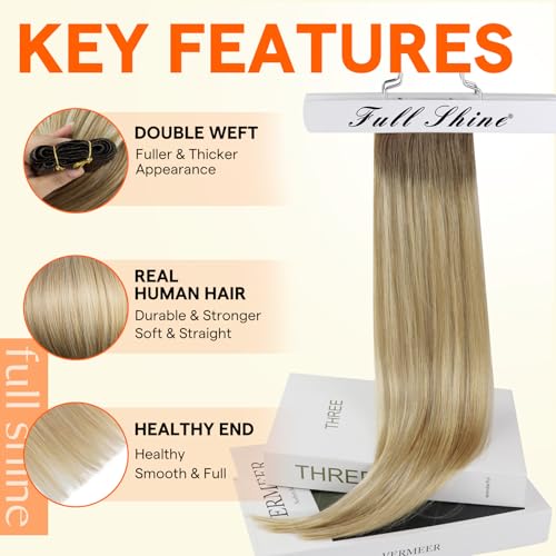 Image of Full Shine 18 Inch Weft Hair Extensions 105G Ombre Brown To Platinum Blonde | Sew In Weft, Chestnut Brown To Honey Blonde Mix Platinum Blonde, Remy Straight Hair, Daily Wear, Party Styling